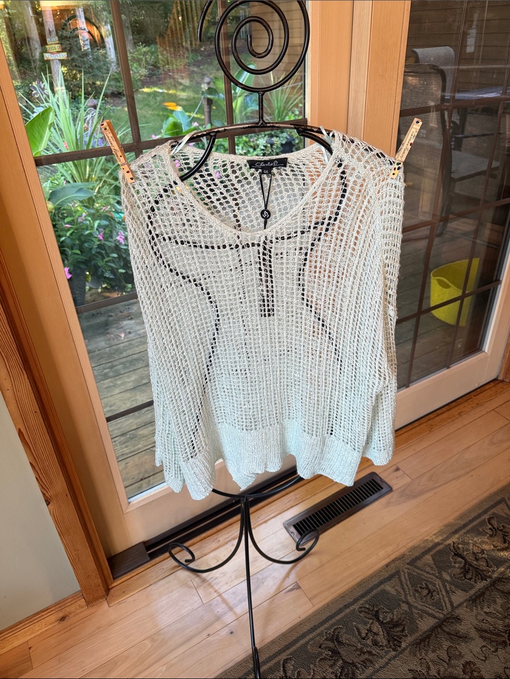Charlie B Lightweight Fishnet crocheted Long Slv Sz L Sweater NWT